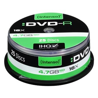Intenso DVD-R, 4101154, 25-pack, 4.7GB, 16x, 12cm, Standard, cake box, bez možnosti potisku, pro archivaci dat