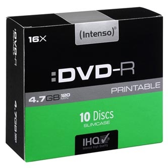 Intenso DVD-R, 4801652, 10-pack, 4.7GB, 16x, 12cm, Standard, slim case, printable, pro archivaci dat