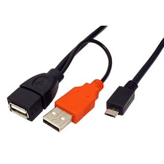 USB kabel (2.0), 2x USB A samice + samec - microUSB samec, 1m, pro zesilené napájení, OTG, černý