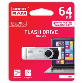 Goodram USB flash disk, USB 3.0, 64GB, UTS3, černý, UTS3-0640K0R11, USB A, s otočnou krytkou