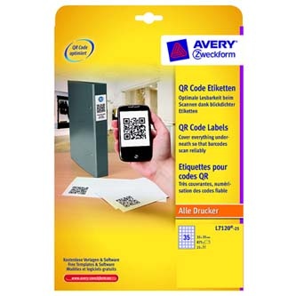 Avery Zweckform etikety 35mm x 35mm, A4, bílé, 35 etiket, pro umístění QR kódů, baleno po 25 ks, L7120-25, pro laserové a inkousto