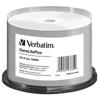 Verbatim CD-R, 43781, Thermal Printable, 50-pack, 700MB, 52X, spindle