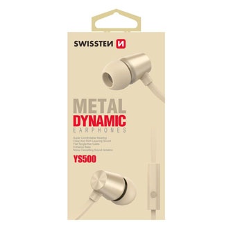 SWISSTEN YS500, sluchátka s mikrofonem, bez ovládání hlasitosti, zlatá, 2.0, špuntová typ 3.5 mm jack