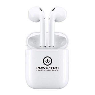 Powerton bezdrátová bluetooth sluchátka WPBTE01, s nabíjecí krabičkou, mikrofon, přepínání skladeb, bílá, 2.0, Airpods style, spor