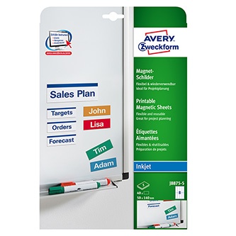 Avery Zweckform štítky 50mm x 140mm, A4, matné, bílé, 8 štítků, magnetické, baleno po 5 ks, J8875-5, pro inkoustové tiskárny
