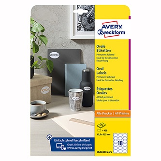 Avery Zweckform etikety 63.5mm x 42.3mm, A4, bílé, 18 etiket, snímatelné, baleno po 25 ks, L6024REV-25, pro laserové a inkoustové