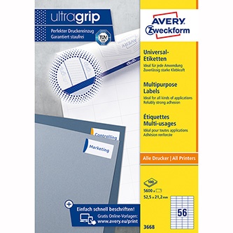 Avery Zweckform etikety 52.5 x 21.2 mm, A4, bílé, 56 etiket, baleno po 100 ks, 3668, pro laserové a inkoustové tiskárny, kopírky