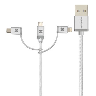Promate USB kabel (2.0), USB A samec - microUSB samec + Apple Lightning samec + USB C sam, 1.2m, kulatý, stříbrný, Opletený, Trio