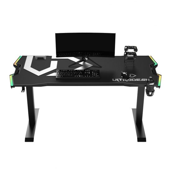 ULTRADESK Herní stůl FORCE - šedý, 166x70 cm, 66-86 cm, 5 úrovní výšky,s XXL podložkou pod myš, RGB podsvícení