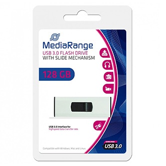 MediaRange USB flash disk, USB 3.0, 128GB, stříbrný, MR918, USB A, s poutkem, vysouvací