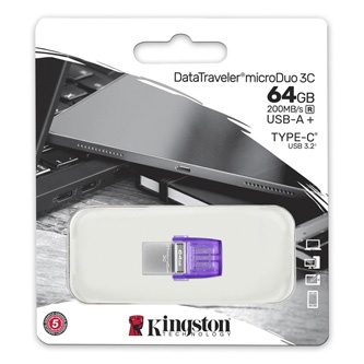 Kingston USB flash disk OTG, USB 3.0, 64GB, Data Traveler microDuo3 G2, stříbrno-fialový, DTDUO3CG3/64GB, USB A / USB C