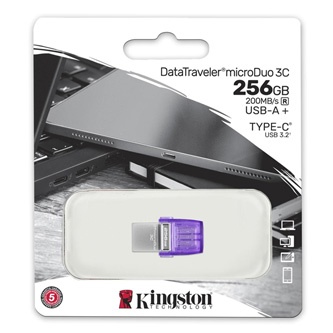 Kingston USB flash disk OTG, USB 3.0, 256GB, Data Traveler microDuo3 G2, stříbrno-fialový, DTDUO3CG3/256GB, USB A / USB C